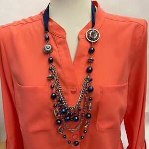 Blue Beads Beaded Silver-tone Chain Women's Fashion Long Necklace NWOT